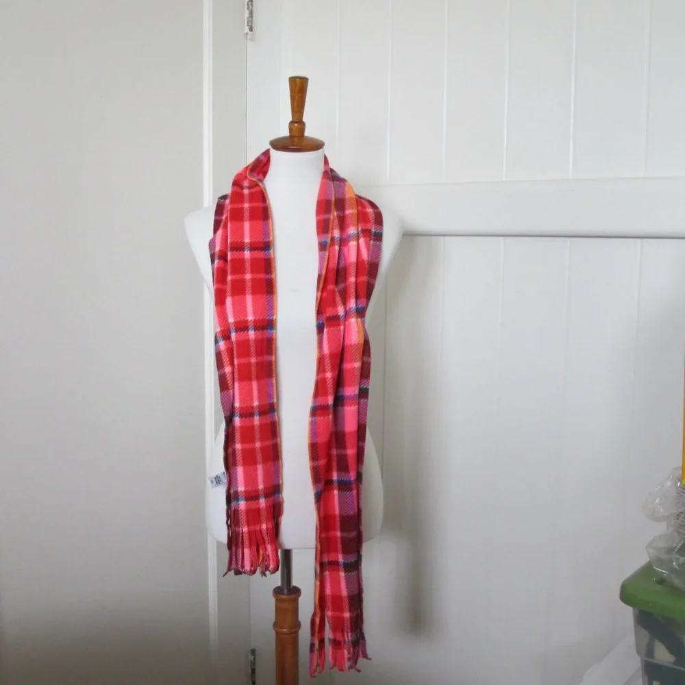 3/$15 Pink Plaid Scarf with Fringe - Picture 4 of 7